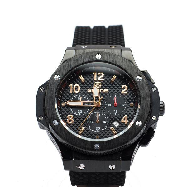Black Chronograph Watch with Gold Hands and Numbers