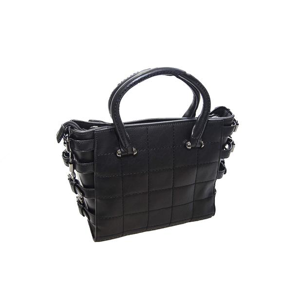 Black Handbag with Checked Stitching and Side Buckles