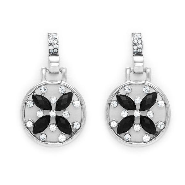 Round hanging silver tone earrings with black and clear crystal flower design