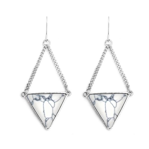Hanging silver tone earrings with marble look inlay