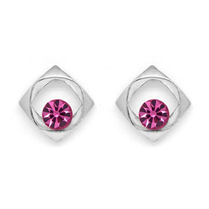 Silver tone square earrings with pink centre crystal