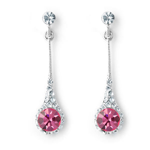Silver tone delicate hanging earrings with pink and clear crystals