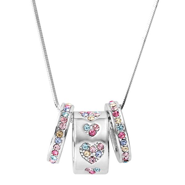 Silver tone triple ring necklace with multi coloured crystals
