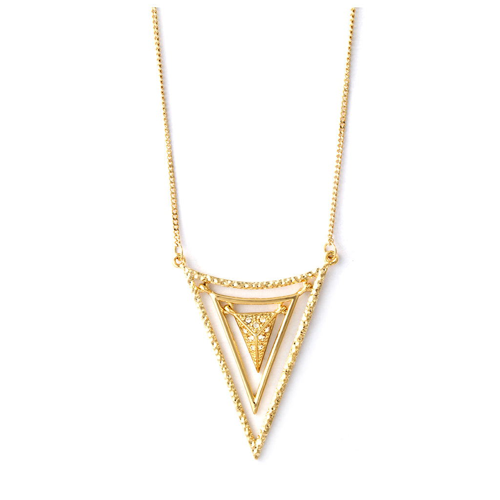 Gold tone triangular necklace with clear crystal inlay
