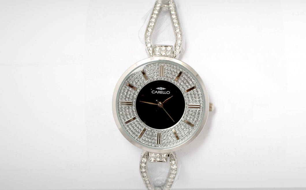 Silver Watch with Black Face and Diamante Braclett Strap