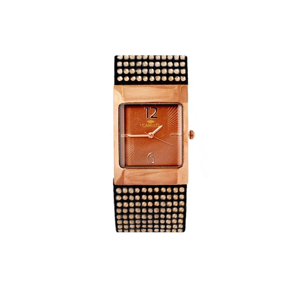 Square Bronze Watch with Brone Face and Black Studded Strap