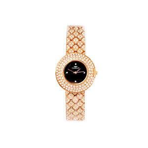 Gold Watch with Black Face and Diamante Strap