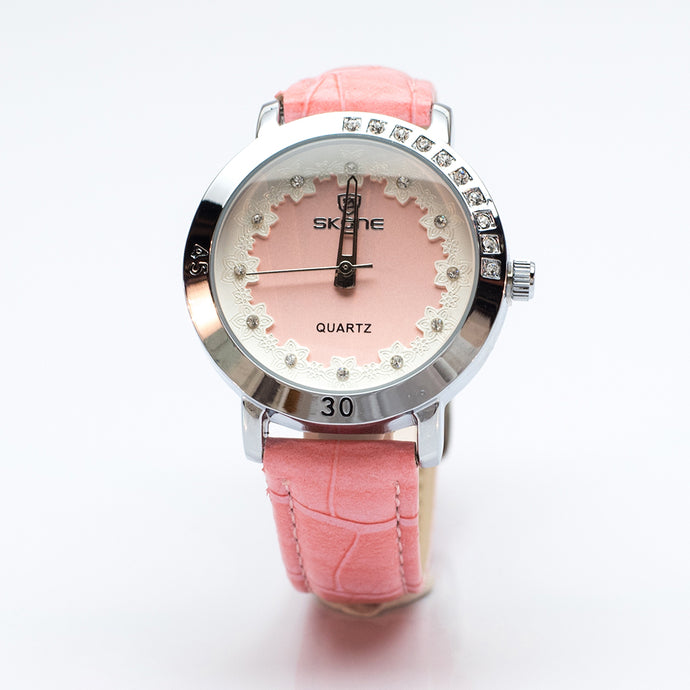 Silver Watch with Pink Leatherette Strap