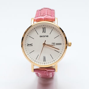 Gold Watch with Pink Leatherette Strap