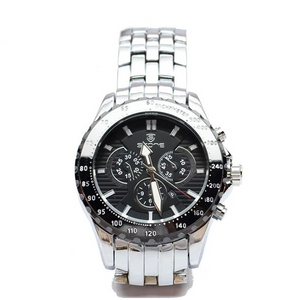 Silver Chronograph Watch with Black Face and Black Bezel