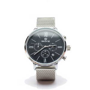 Silver Chronograph Watch with Black Face and Silver Mesh Strap