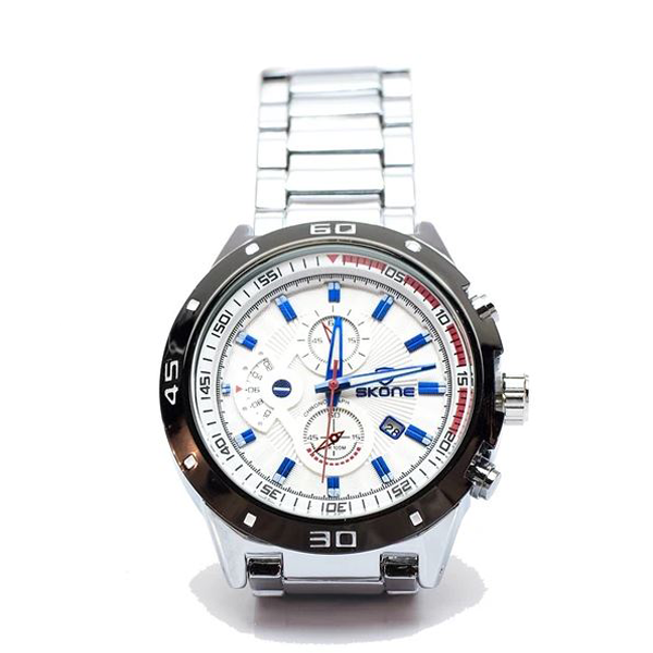 Silver Chronograph Watch with Blue Hands and Numbers