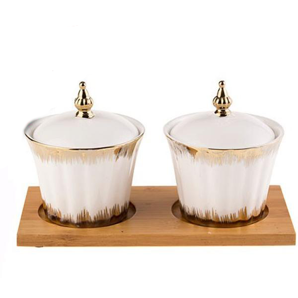 Ceramic Sugar Bowls - Round Gold Edge (2Pcs/Set)
