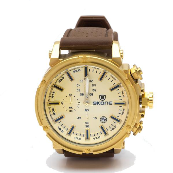 Gold Chronograph Watch with Brown Rubber Strap
