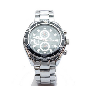 Silver Chronograph Watch with Black Face and Silver Bezel